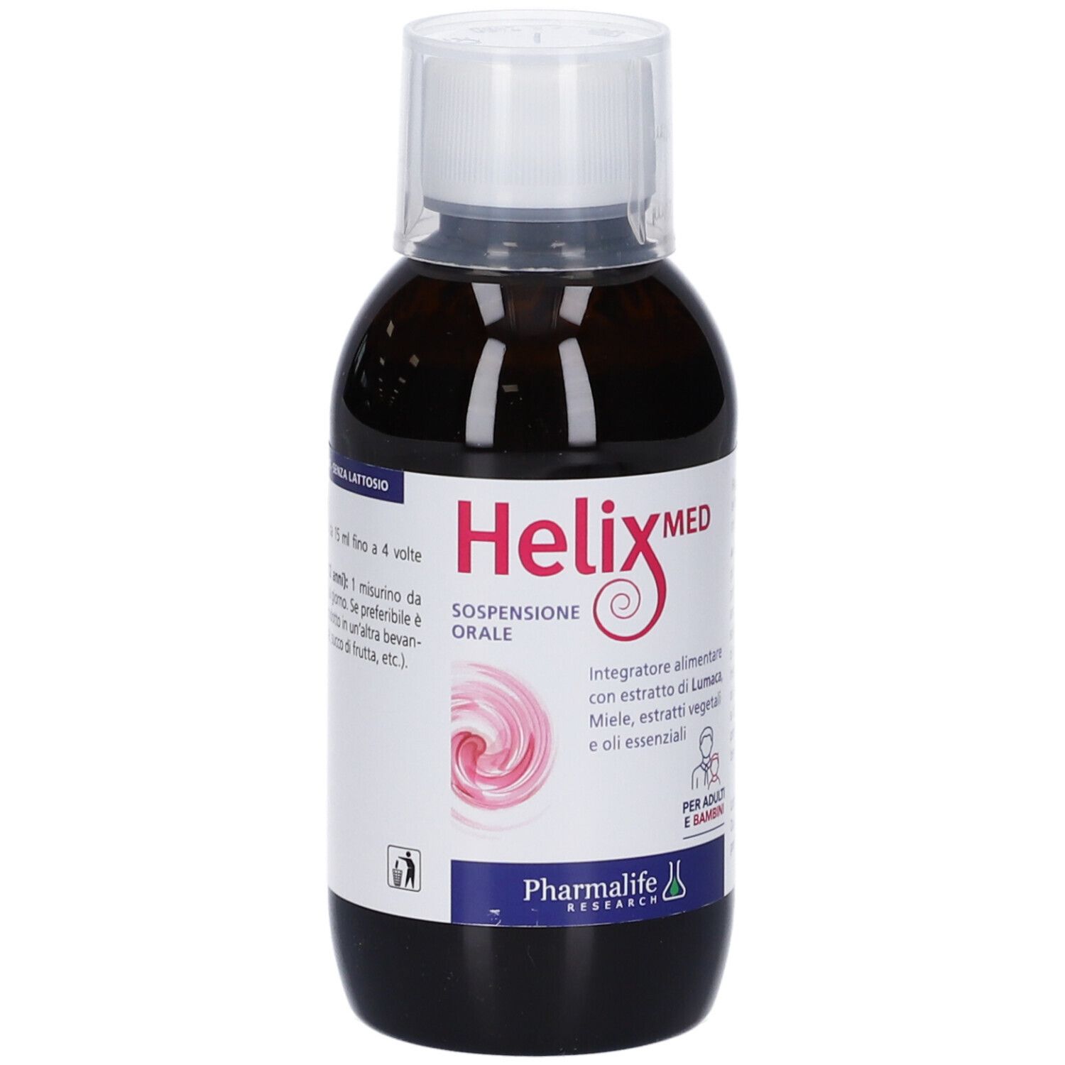Flacone marrone con tappo bianco. Scritta Helix Med Sospensione Orale. Contiene estratti vegetali. Per adulti e bambini.