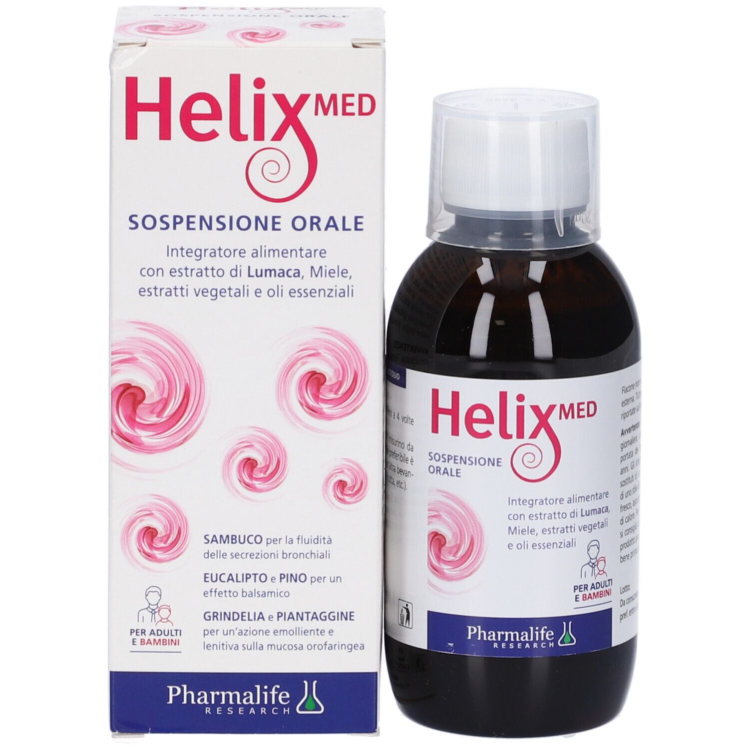 Flacone e confezione Helix Med Sospensione Orale. Contiene estratti vegetali. Per adulti e bambini.