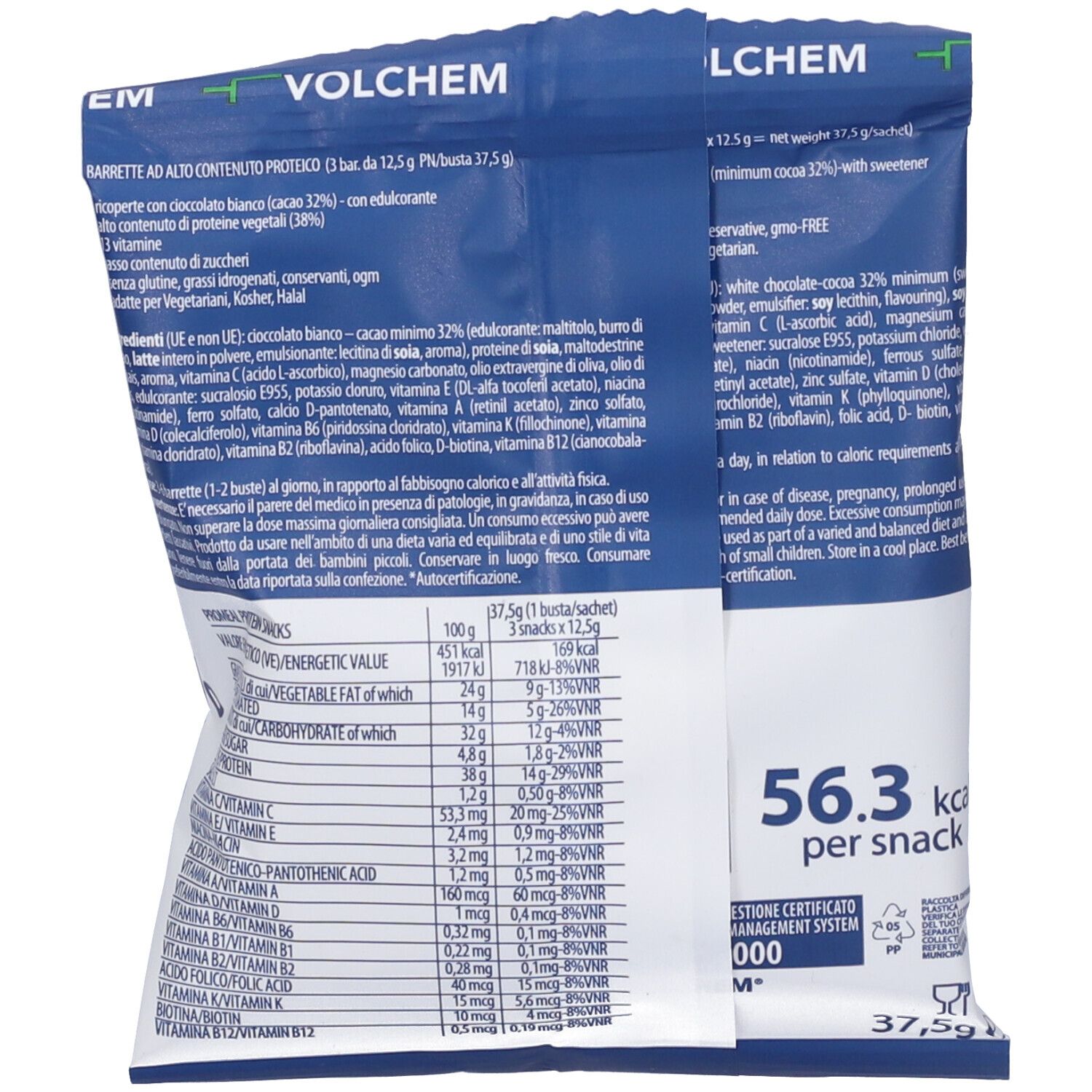 Retro confezione PROMEAL Protein Snacks. Informazioni nutrizionali, elenco ingredienti. Marchio VOLCHEM. 56,3 kcal per snack.