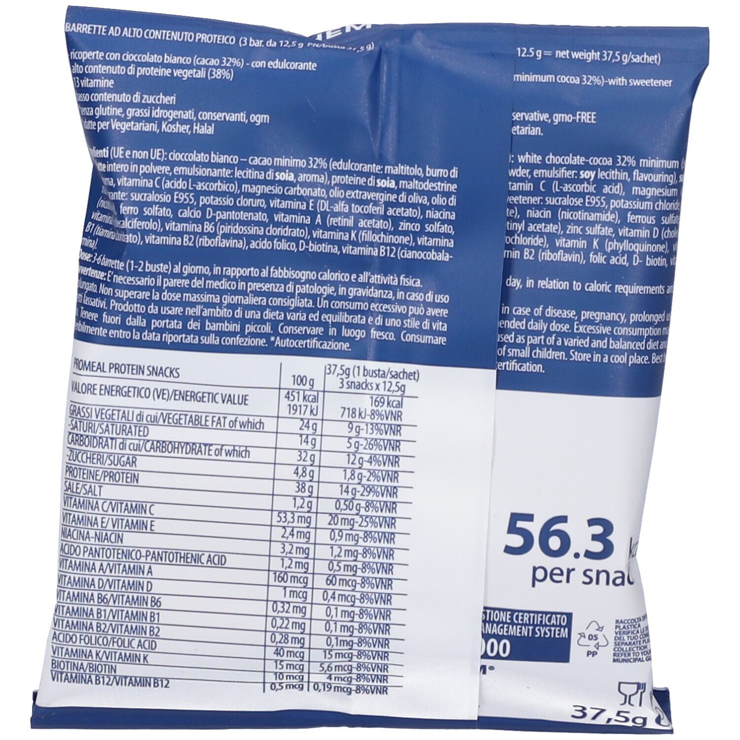 Retro della confezione di snack proteici. Contiene informazioni nutrizionali e lista ingredienti. Testo: Promeal Protein Snacks, 56.3 per snack.