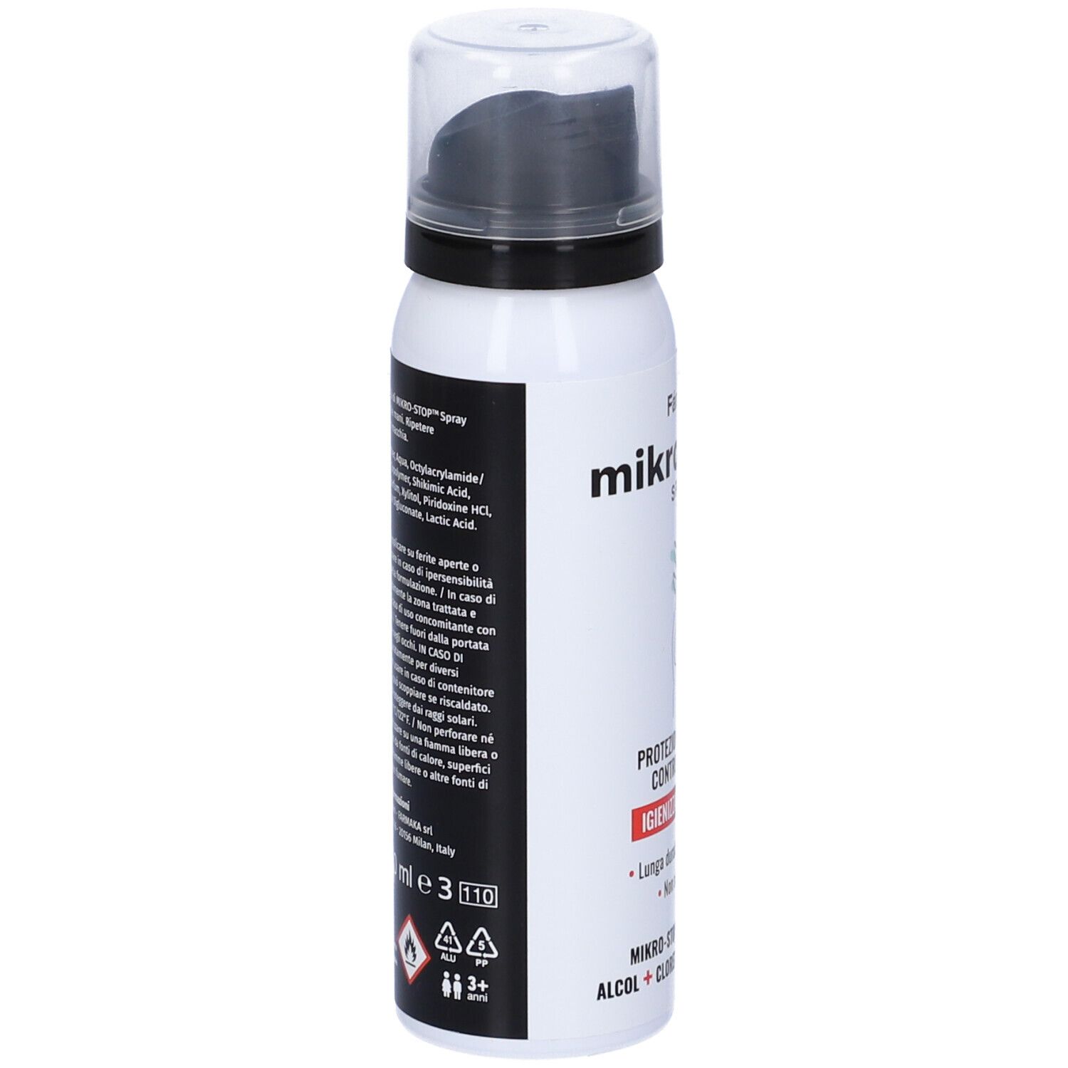 Spray bianco con erogatore nero. Scritta: Mikro Stop Spray. Testo su etichetta nera.