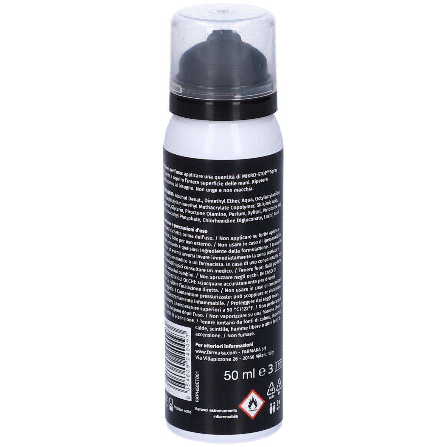 Spray bianco con erogatore nero. Scritta: Mikro Stop Spray. Retro con testo e ingredienti.