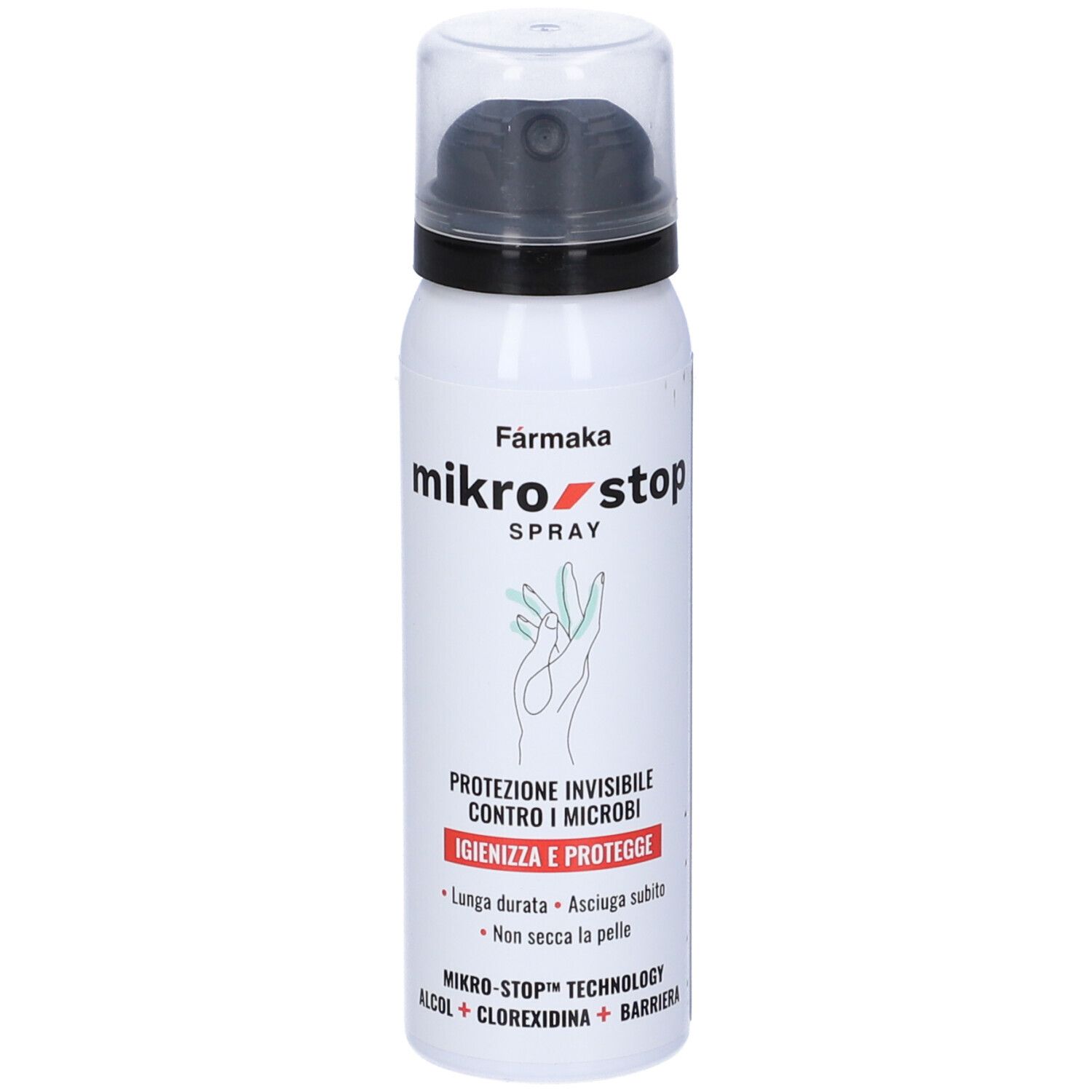 Spray bianco con erogatore nero. Scritta: Mikro Stop Spray. Illustrazione mano.