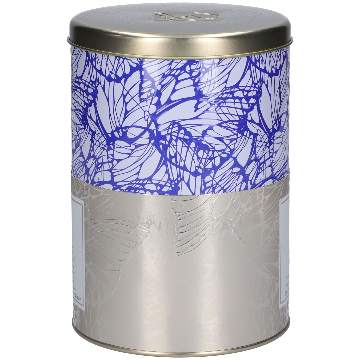 Barattolo cilindrico con motivo blu e bianco. Base argentata. Coperchio con logo.