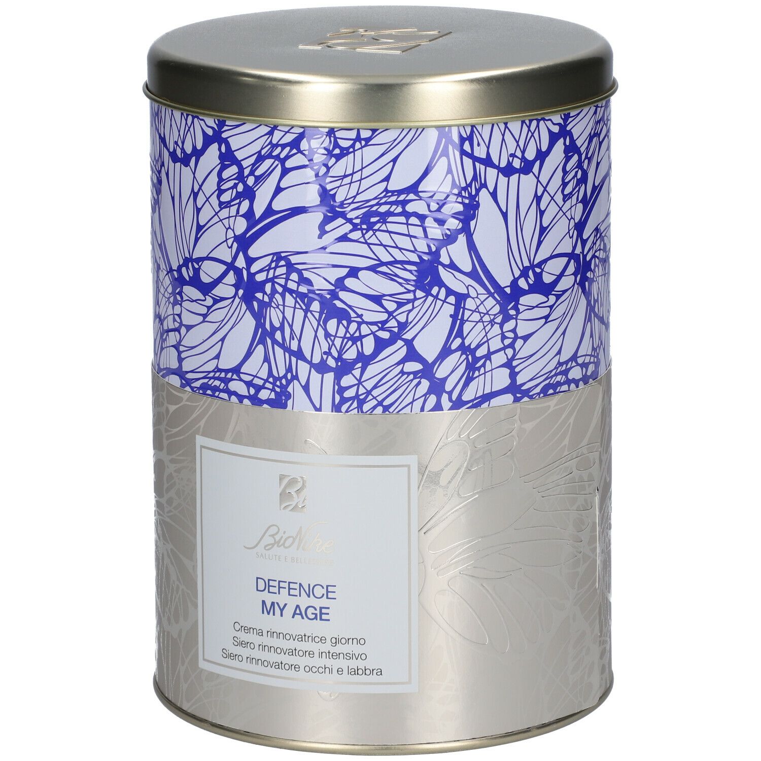 Barattolo rotondo con motivo blu e bianco. Scritta: BioNike, DEFENCE MY AGE. Crema, siero.
