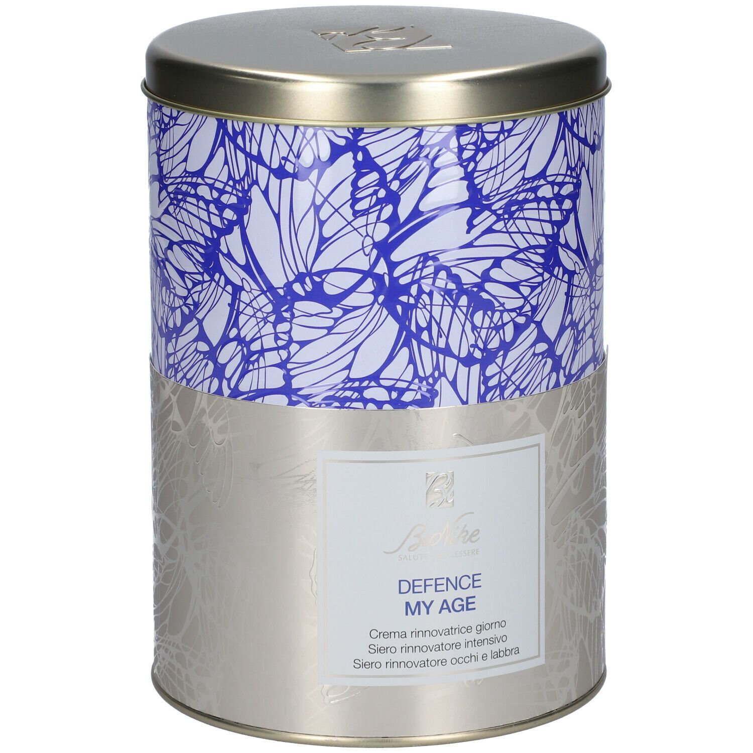 Barattolo cilindrico con motivo blu e bianco. Base argentata. Coperchio con logo.