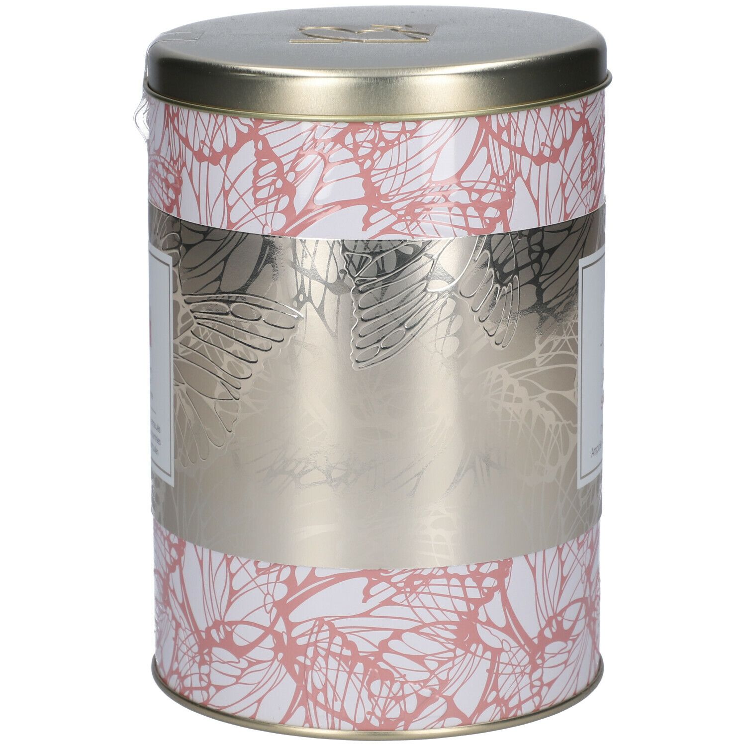 Barattolo cilindrico con motivo floreale e fascia argentata. La fascia riporta 'DEFENCE SKINERGY' e 'Crema riattivatrice'.