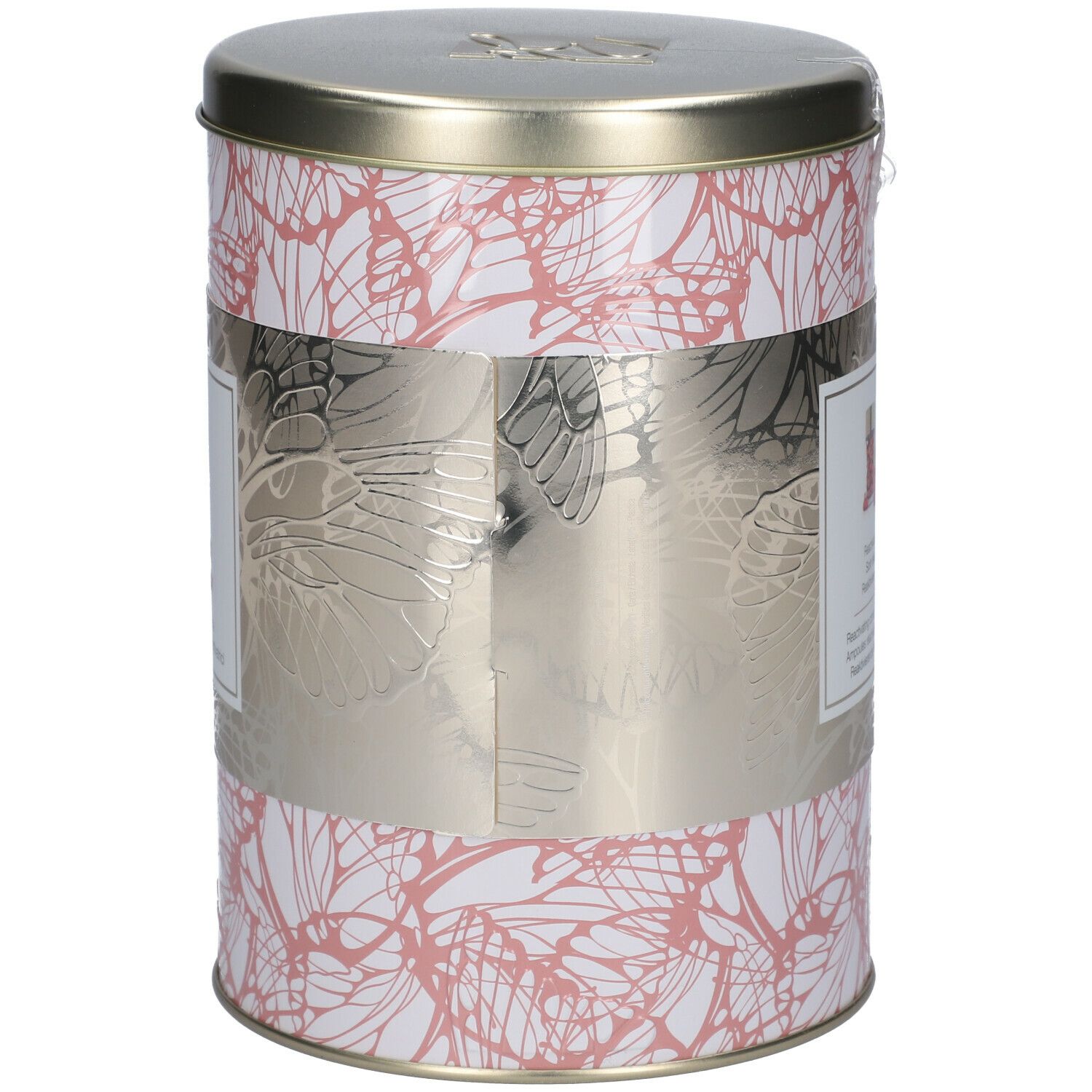 Barattolo cilindrico con motivo floreale e fascia argentata. La fascia riporta 'DEFENCE SKINERGY' e 'Crema riattivatrice'.