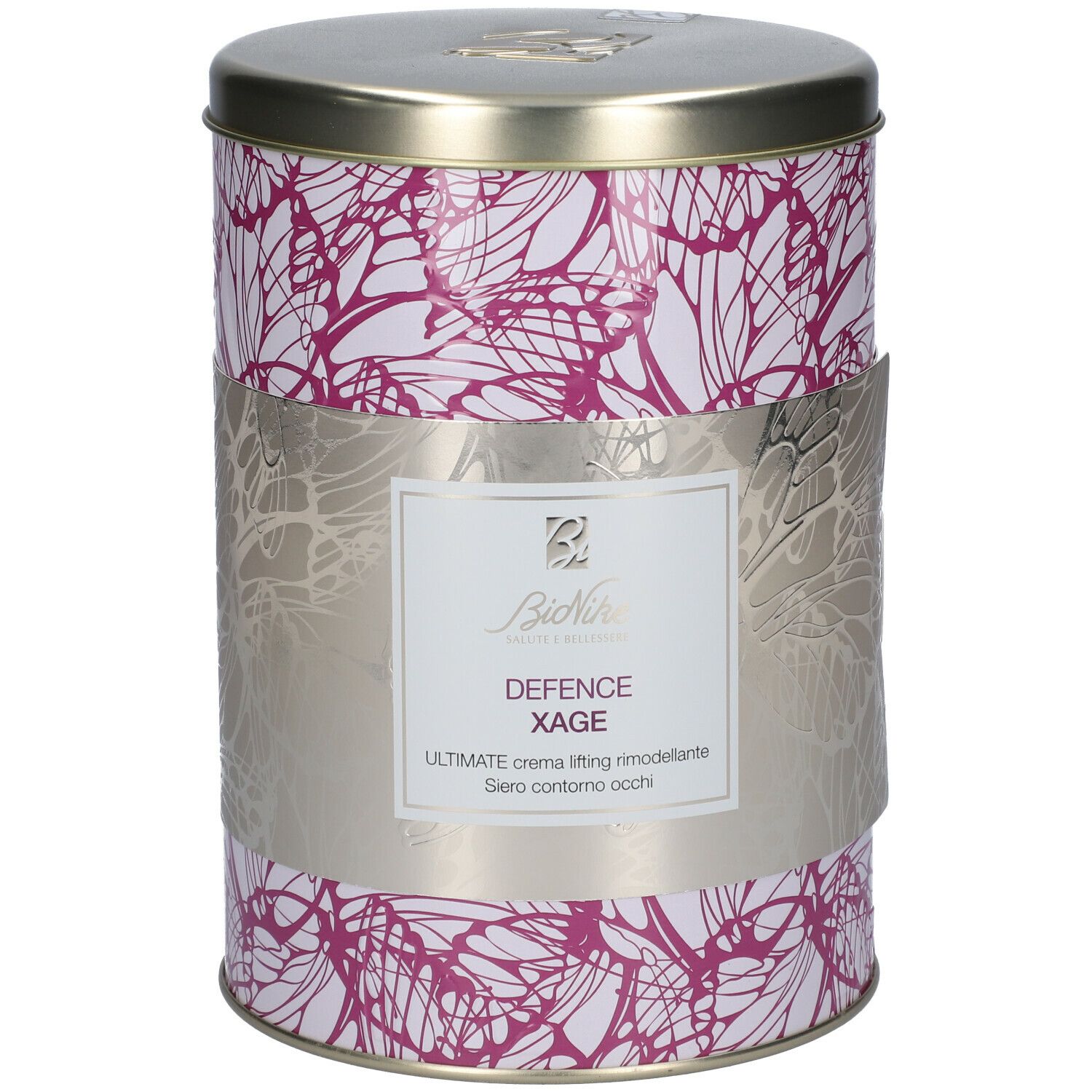 Set BioNike Defence Xage. Barattolo cilindrico con motivo floreale. Nome del prodotto e logo sull'etichetta. Coperchio ed etichetta argentati.