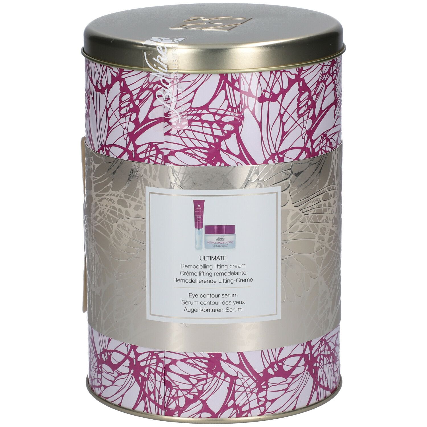 Set BioNike Defence Xage. Barattolo cilindrico con motivo floreale. Nome del prodotto e logo sull'etichetta. Contiene crema e siero.