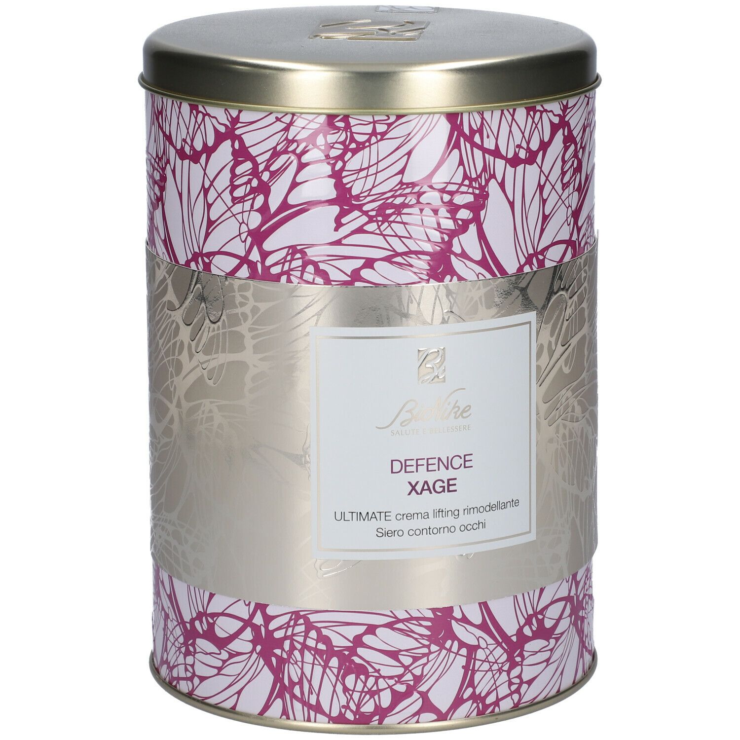 Set BioNike Defence Xage. Barattolo cilindrico con motivo floreale. Nome del prodotto e logo sull'etichetta. Coperchio ed etichetta argentati.