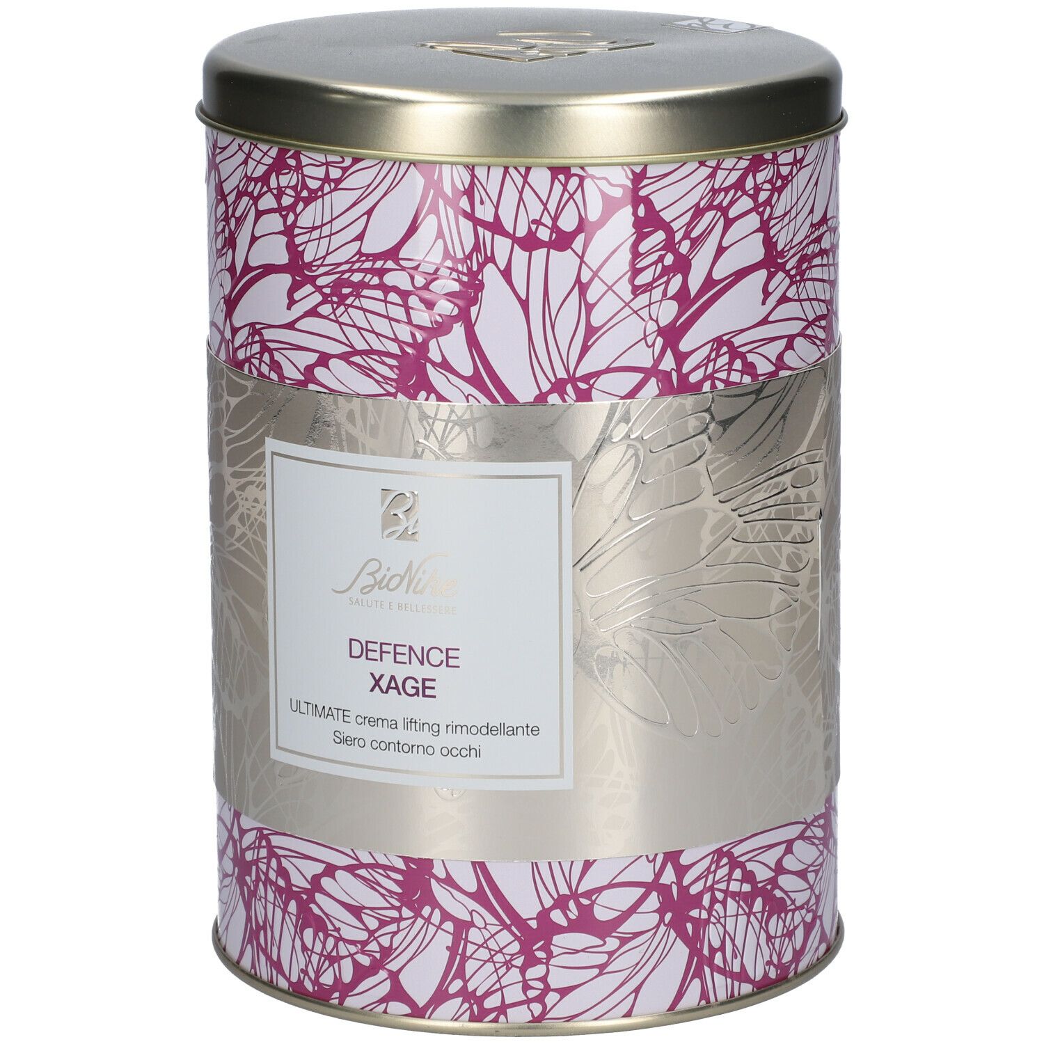 Set BioNike Defence Xage. Barattolo cilindrico con motivo floreale. Nome del prodotto e logo sull'etichetta. Coperchio ed etichetta argentati.