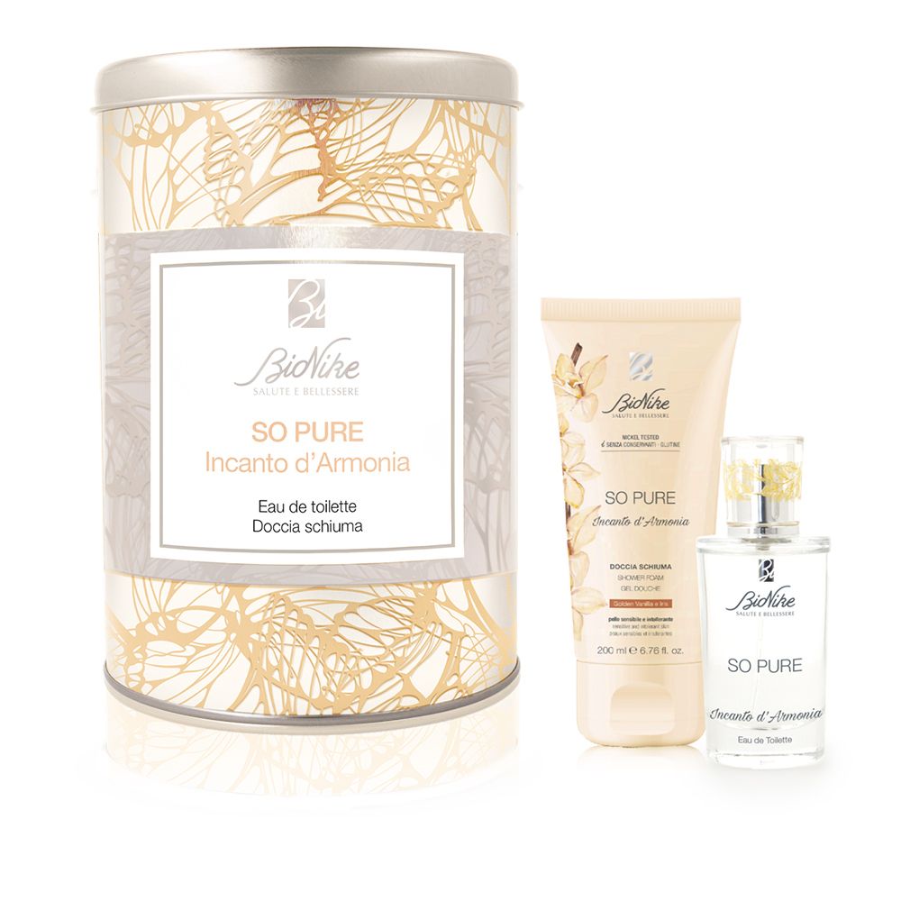 Set con scatola, tubo e flacone. Scritta: BioNike, SO PURE Incanto d'Armonia. Prodotti crema e bianchi.