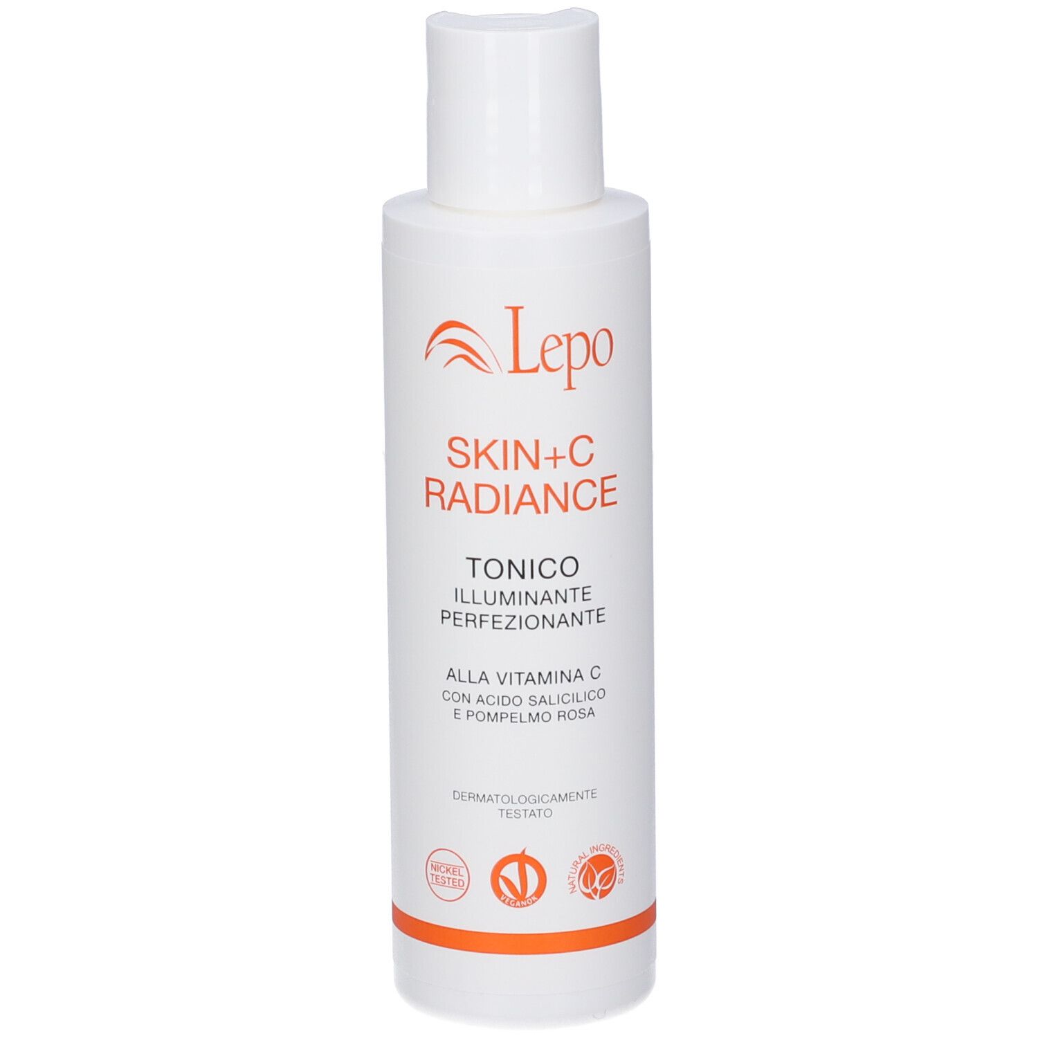 Flacone bianco LEPO Skin+C Radiance Tonico. Testo: Skin+C Radiance, Tonico Illuminante Perfezionante, Alla Vitamina C.