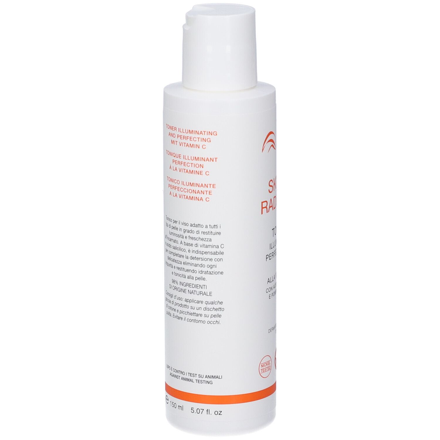 Flacone bianco LEPO Skin+C Radiance Tonico. Testo: Skin+C Radiance, Tonico Illuminante Perfezionante, Alla Vitamina C.
