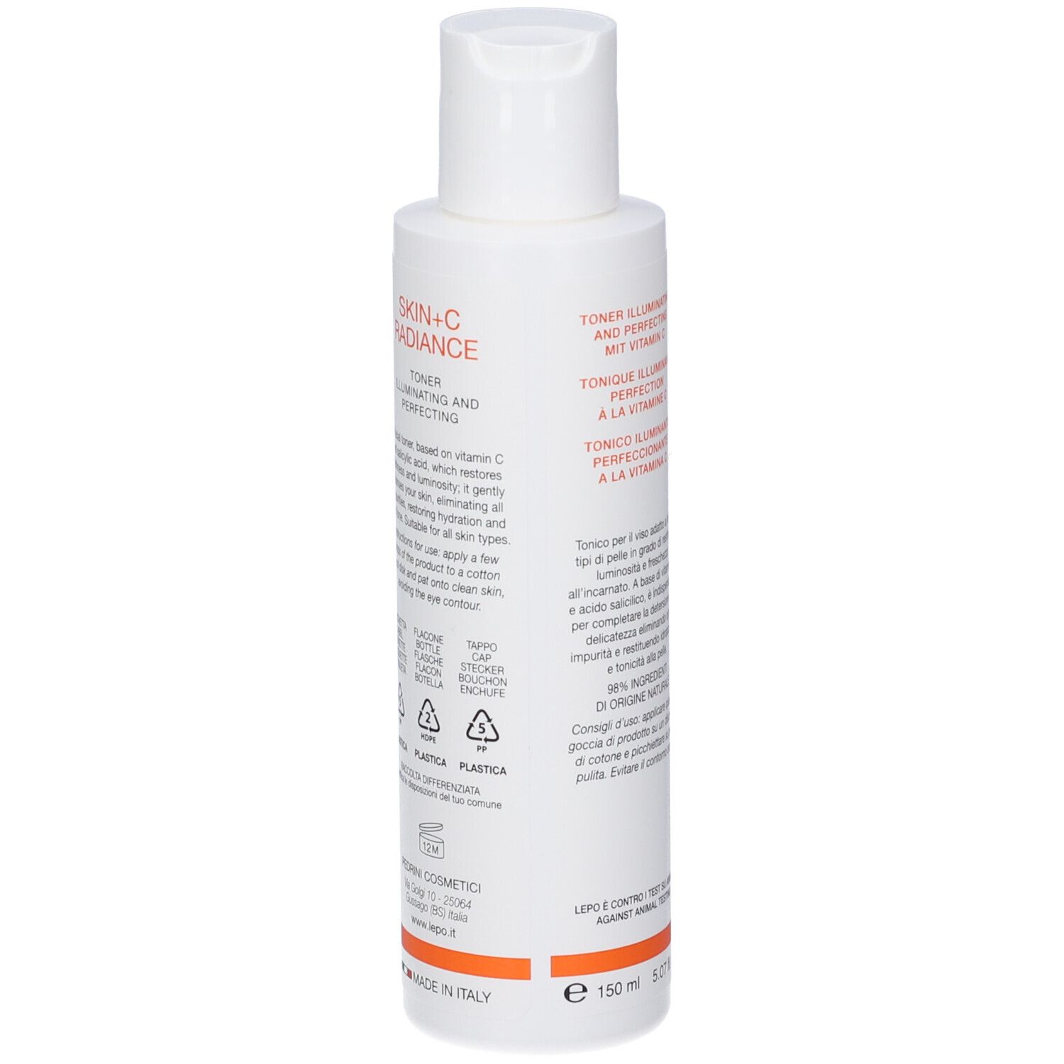 Flacone bianco LEPO Skin+C Radiance Tonico. Testo: Skin+C Radiance, Tonico Illuminante Perfezionante, Alla Vitamina C.