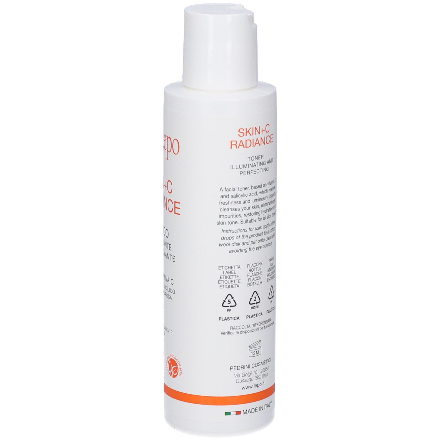 Flacone bianco LEPO Skin+C Radiance Tonico. Testo: Skin+C Radiance, Tonico Illuminante Perfezionante, Alla Vitamina C.