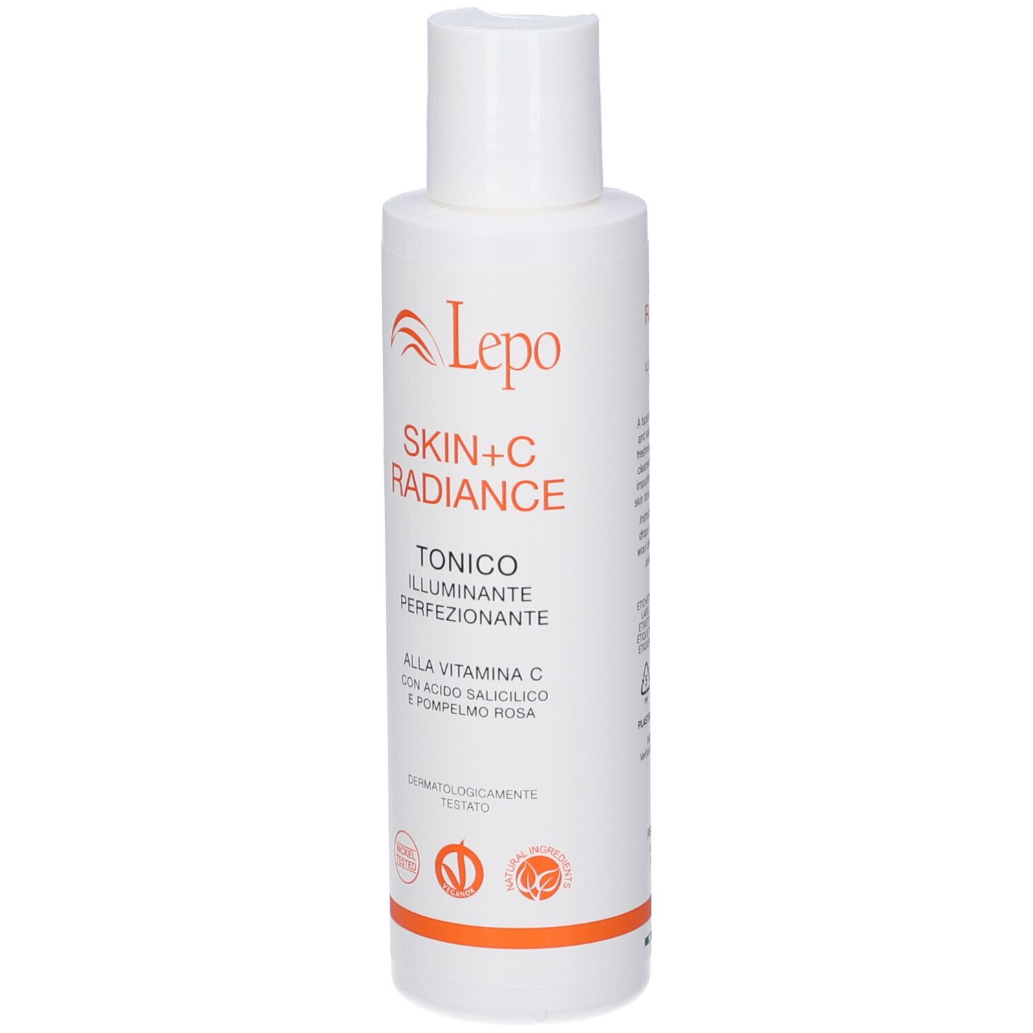 Flacone bianco LEPO Skin+C Radiance Tonico. Testo: Skin+C Radiance, Tonico Illuminante Perfezionante, Alla Vitamina C.