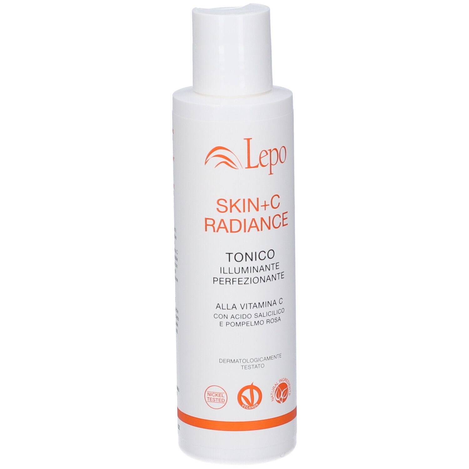 Flacone bianco LEPO Skin+C Radiance Tonico. Testo: Skin+C Radiance, Tonico Illuminante Perfezionante, Alla Vitamina C.