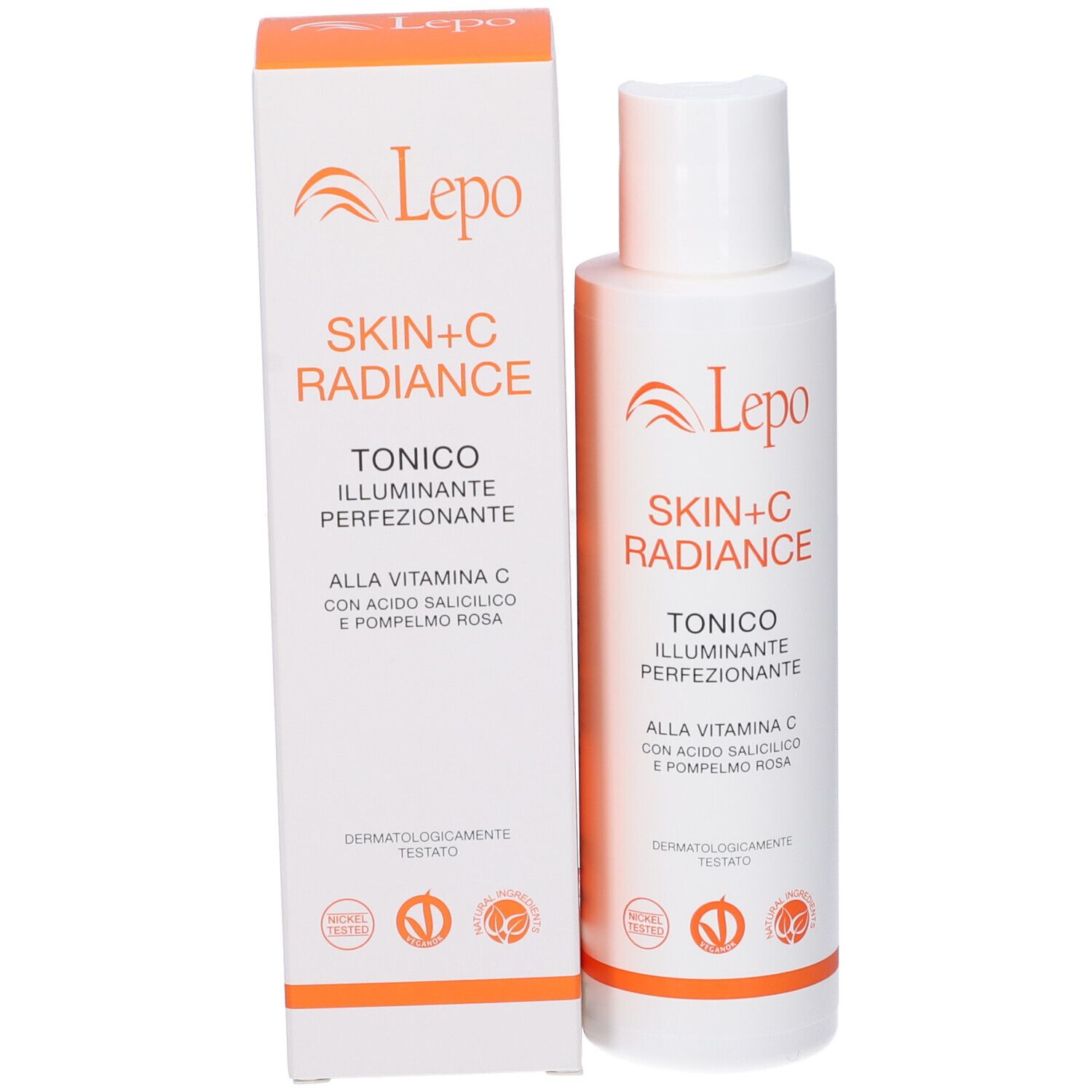 Flacone e scatola bianchi LEPO Skin+C Radiance Tonico. Testo: Skin+C Radiance, Tonico Illuminante Perfezionante.