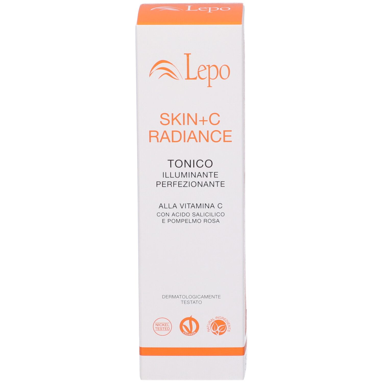 Scatola LEPO Skin+C Radiance Tonico. Testo: Skin+C Radiance, Tonico Illuminante Perfezionante, Alla Vitamina C.