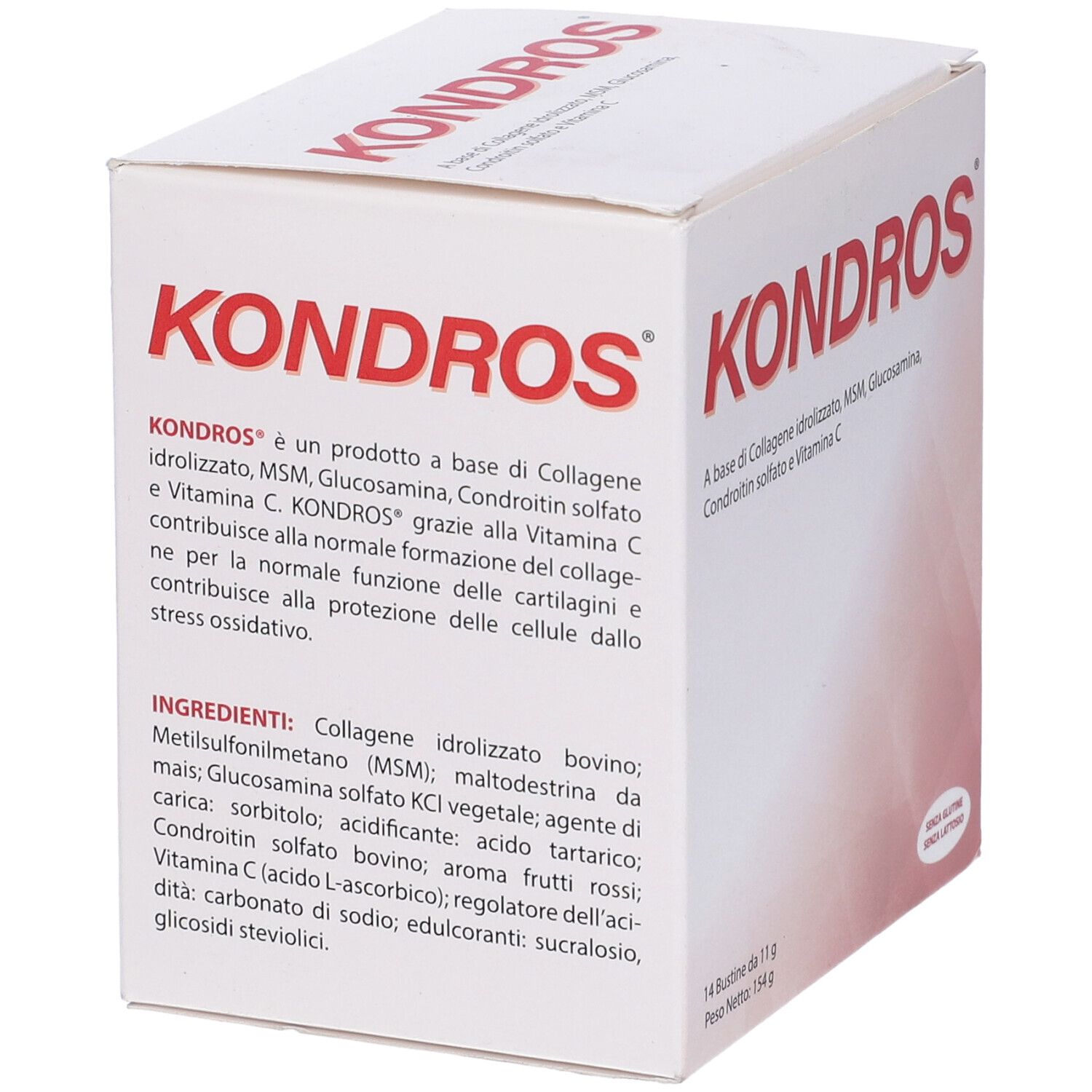 Scatola Kondros, scritta rossa. Lista ingredienti: collagene, MSM, glucosamina, condroitina, vitamina C. Senza glutine e lattosio.