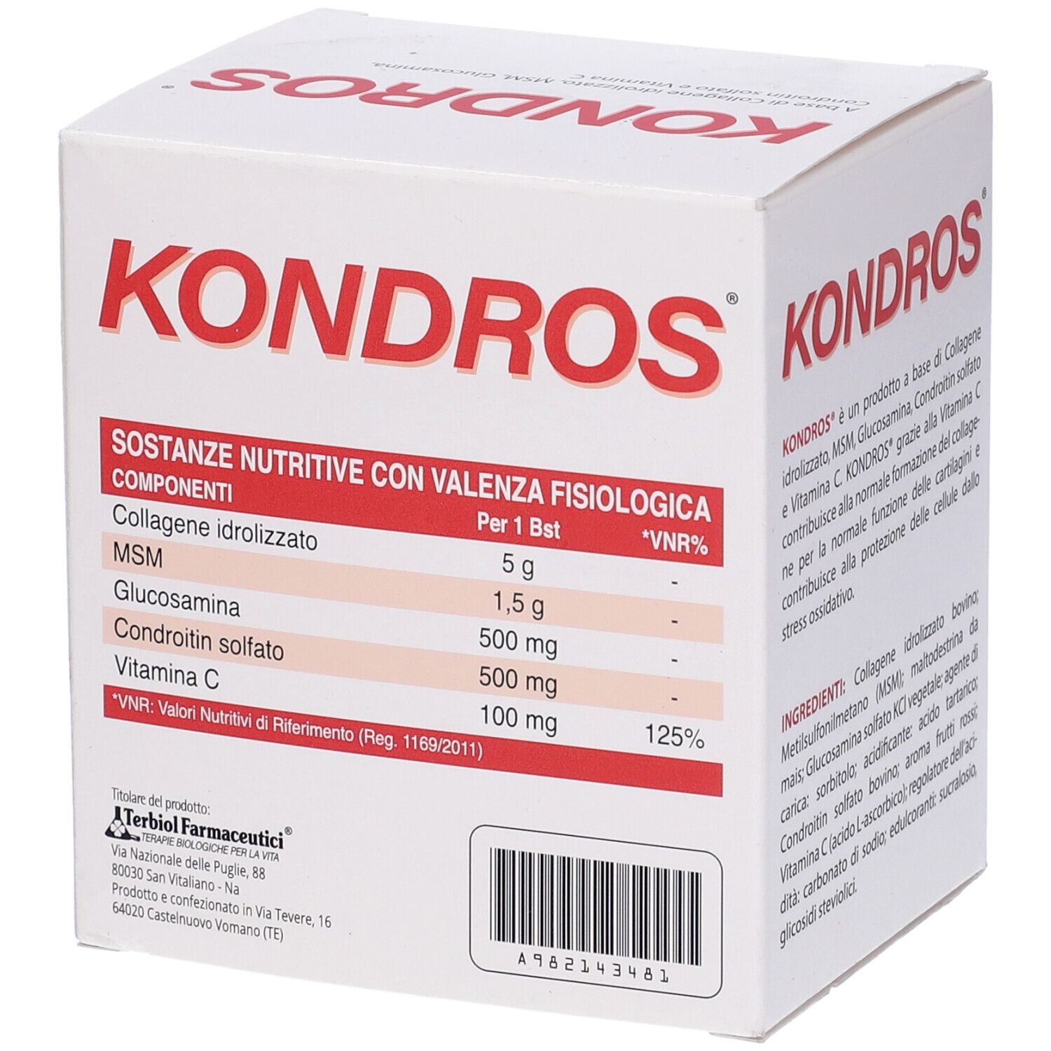 Scatola Kondros, scritta rossa. Tabella nutrizionale: collagene, MSM, glucosamina, condroitina, vitamina C. Con codice QR.