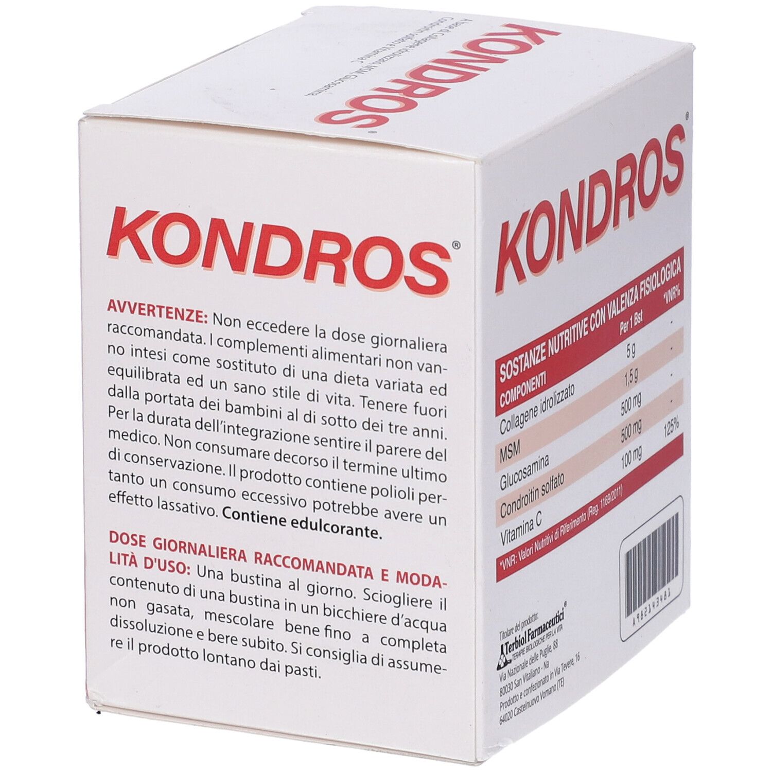 Scatola Kondros, scritta rossa. Contiene avvertenze e istruzioni per il dosaggio. Con codice QR.