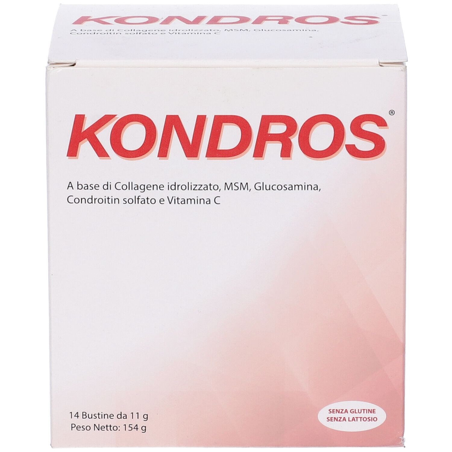 Scatola Kondros, scritta rossa. Contiene 14 bustine da 11g. Senza glutine e lattosio. Con informazioni sul contenuto.