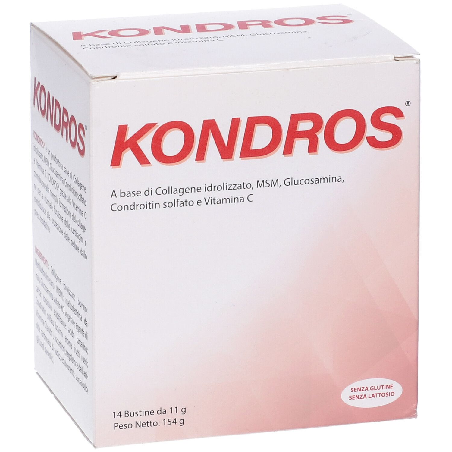 Scatola Kondros, scritta rossa. Contiene 14 bustine da 11g. Senza glutine e lattosio. Con informazioni sul contenuto.