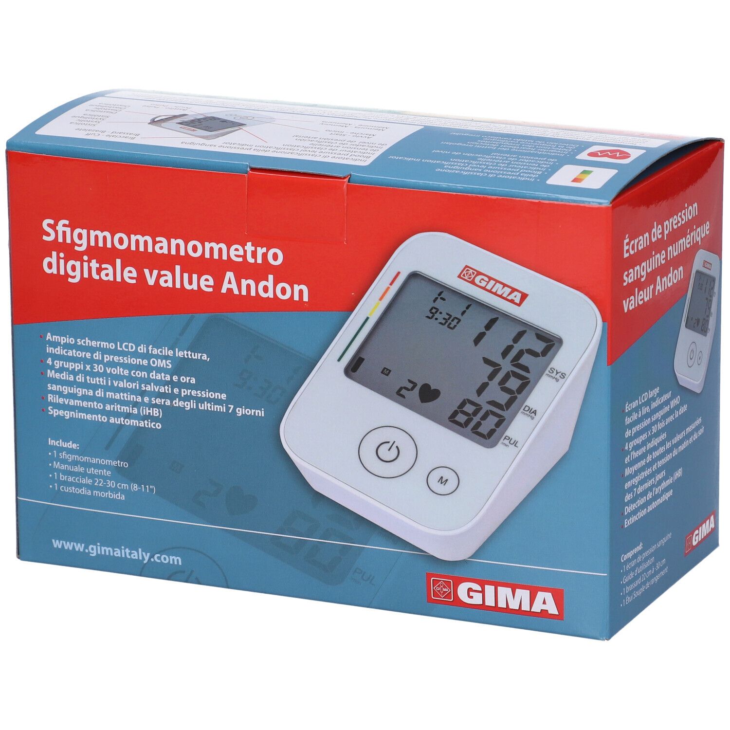 Confezione con misuratore di pressione. Dispositivo con display. Testo: Sfigmomanometro digitale value Andon. Logo GIMA.