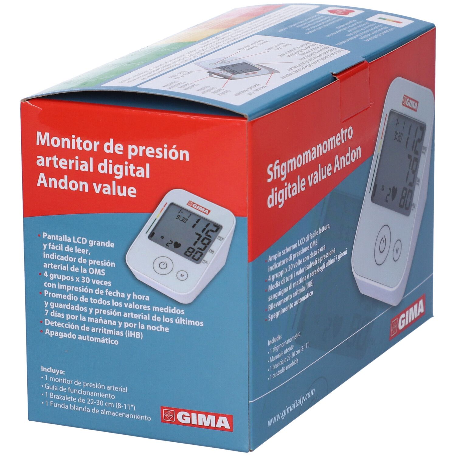 Confezione con misuratore di pressione. Dispositivo con display. Testo: Monitor de presión arterial digital. GIMA.
