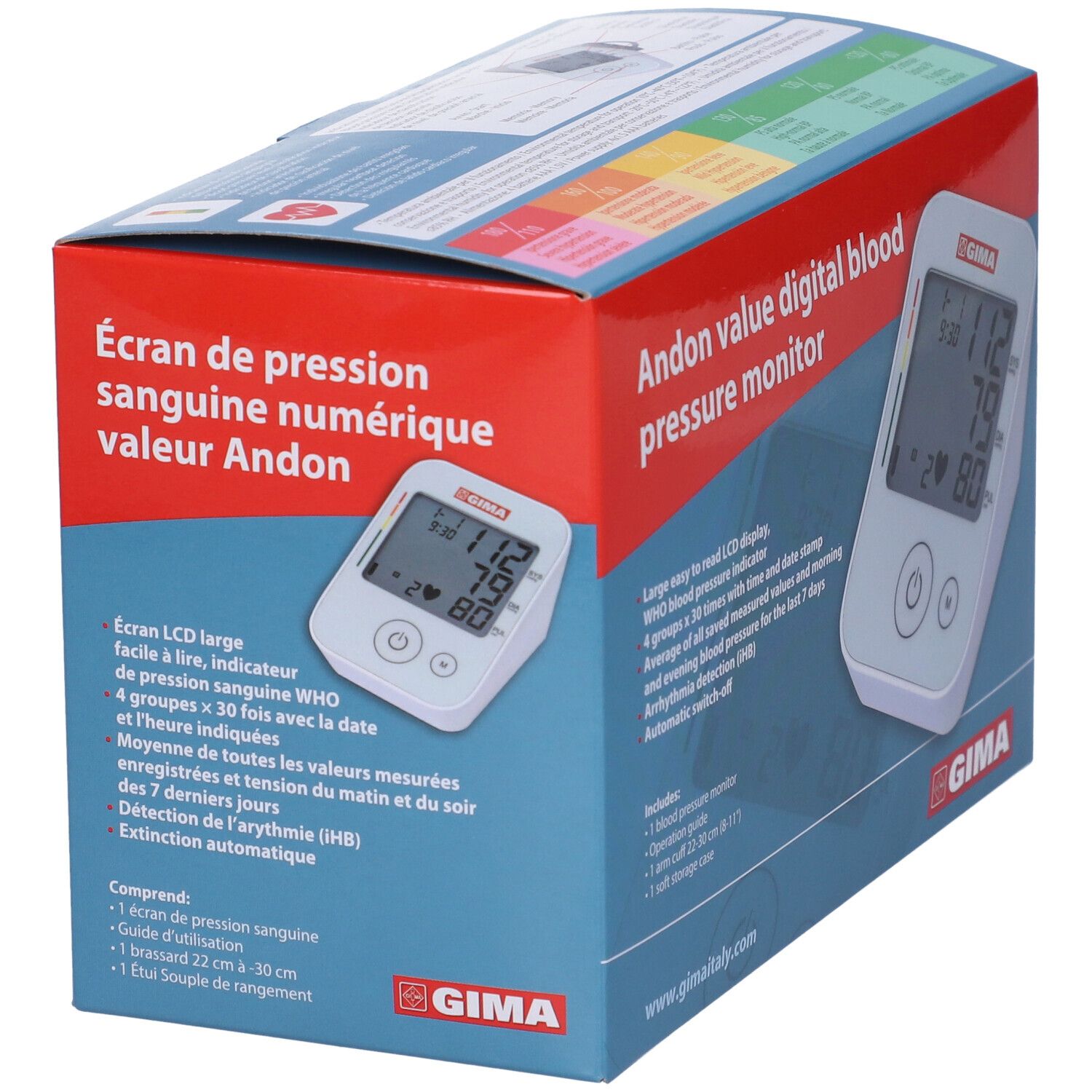 Confezione con misuratore di pressione. Dispositivo con display. Testo: Écran de pression sanguine numérique valeur Andon. GIMA.