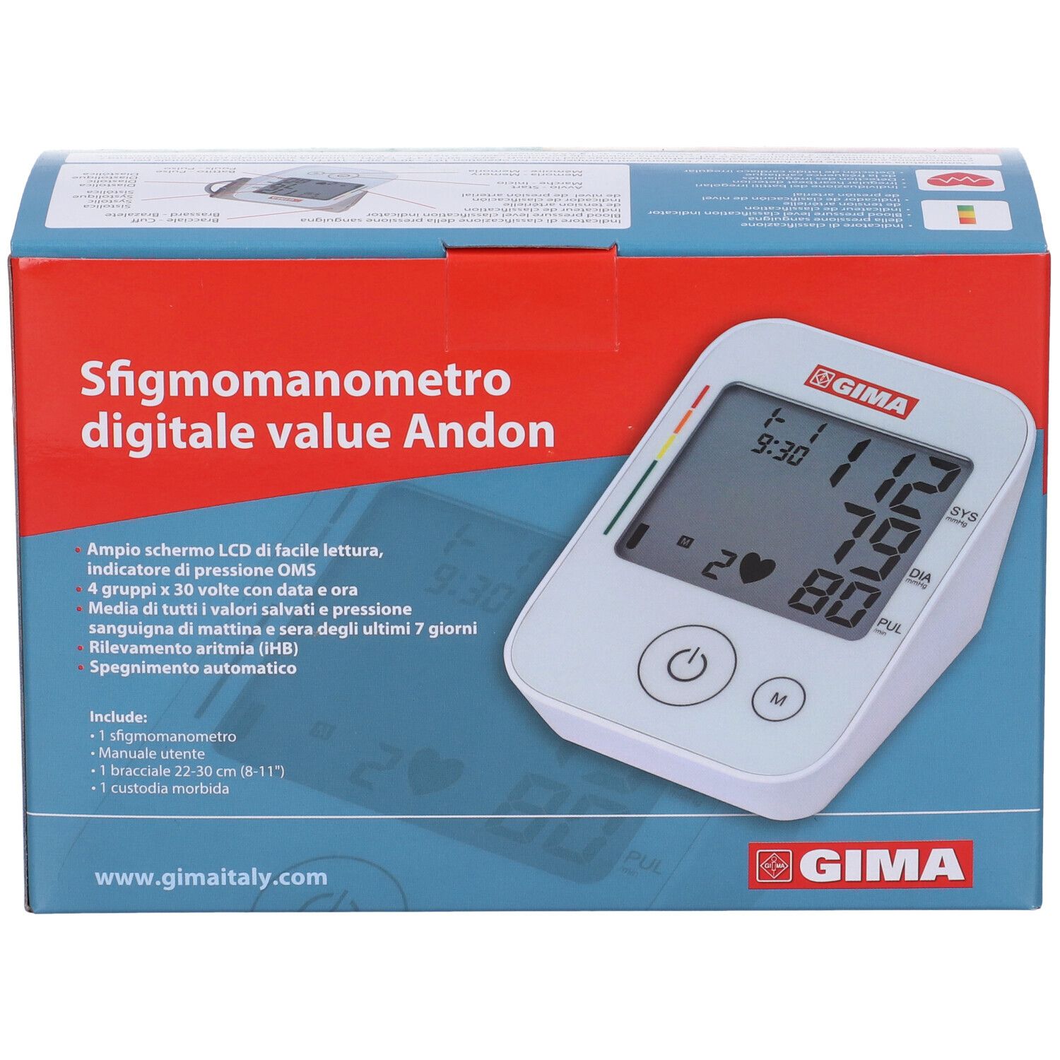 Confezione con misuratore di pressione. Dispositivo con display. Testo: Sfigmomanometro digitale value Andon. Logo GIMA.