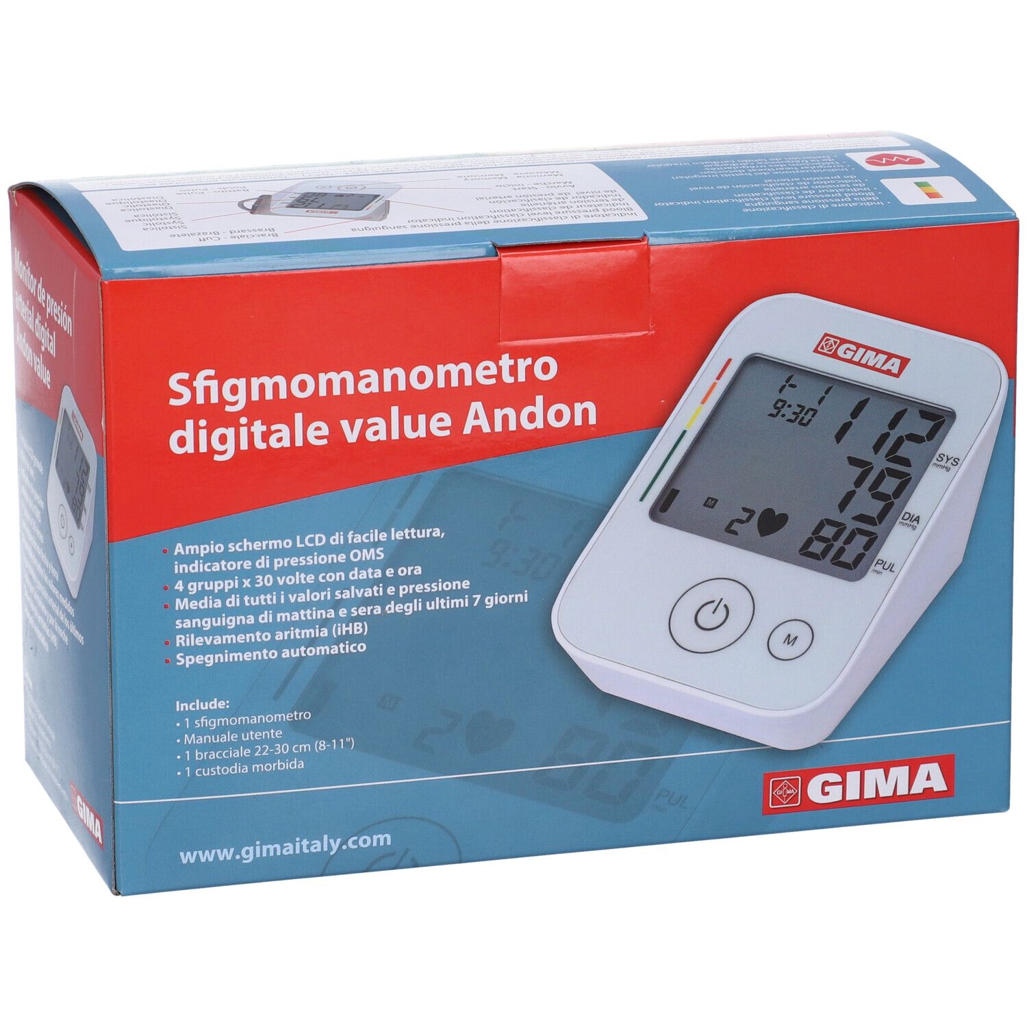 Confezione con misuratore di pressione. Dispositivo con display. Testo: Sfigmomanometro digitale value Andon. Logo GIMA.