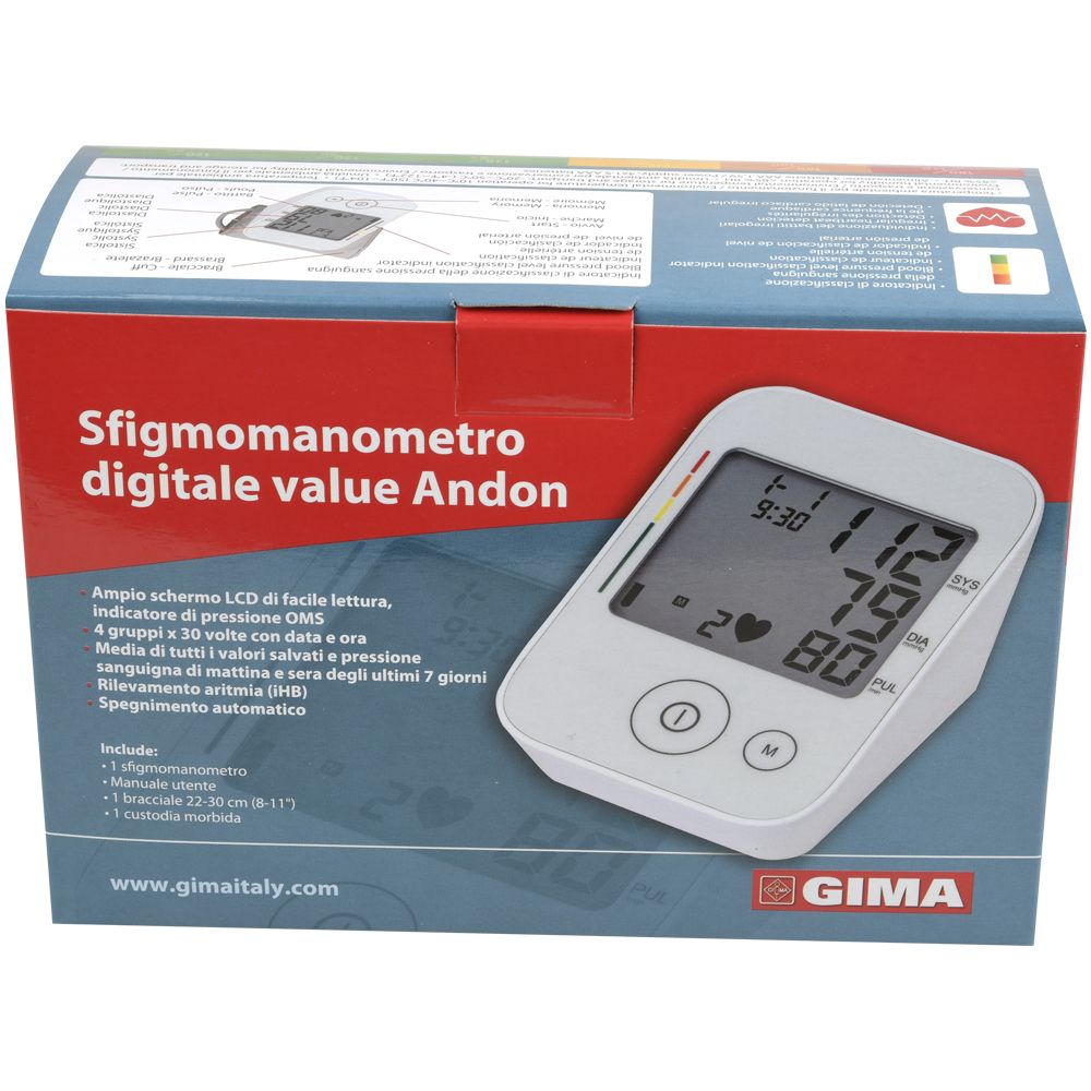 Confezione con misuratore di pressione. Dispositivo con display. Testo: Sfigmomanometro digitale value Andon. Logo GIMA.