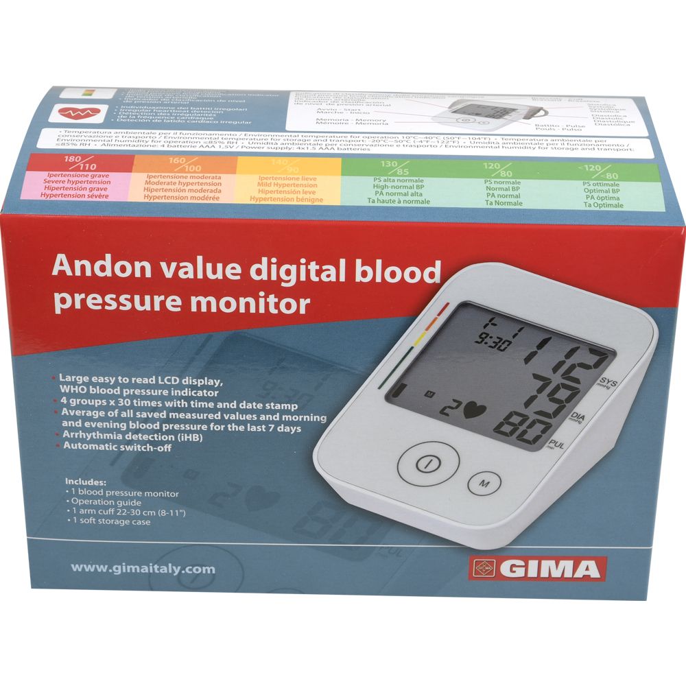 Confezione con misuratore di pressione. Dispositivo con display. Testo: Andon value digital blood pressure monitor. GIMA.