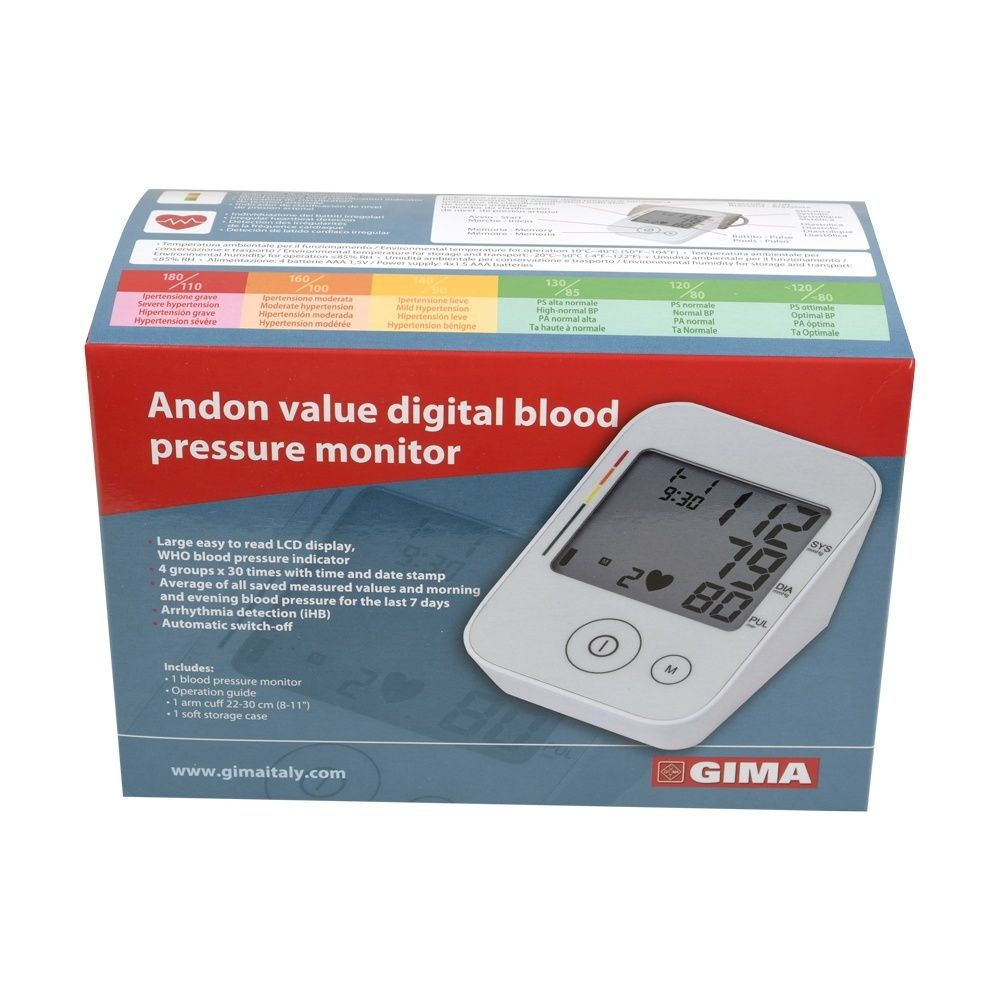 Confezione con misuratore di pressione. Display con valori. Logo GIMA e nome del prodotto visibili.