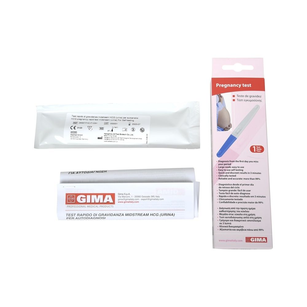 Confezione con test di gravidanza, busta e istruzioni. Logo GIMA.