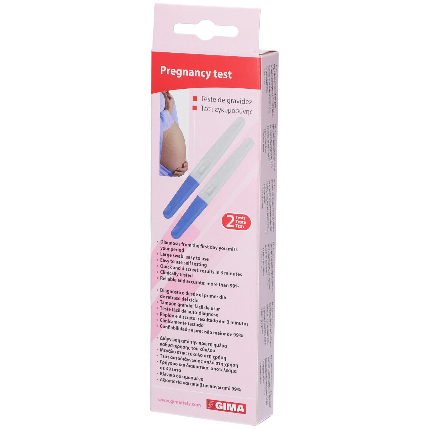 Confezione rosa con due test di gravidanza. Testo: Pregnancy test, GIMA.