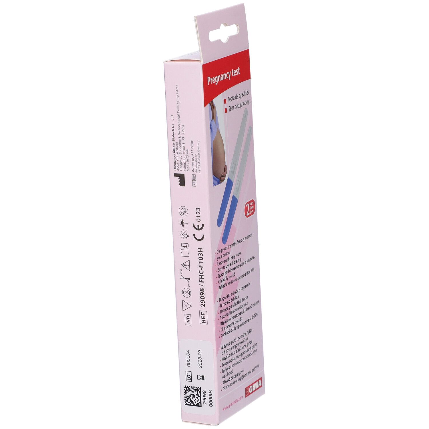 Confezione rosa con due test di gravidanza. Testo: Pregnancy test, GIMA.