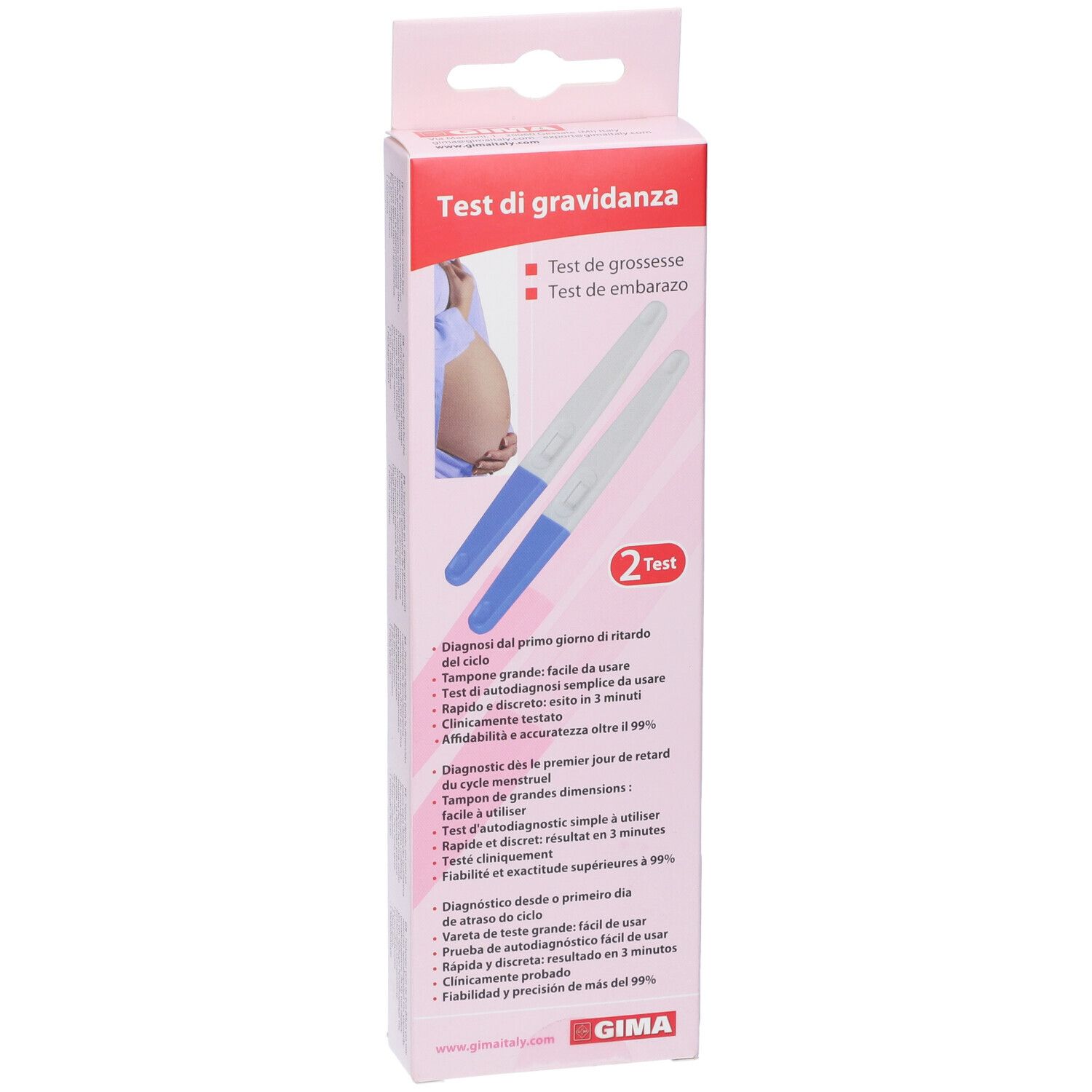 Confezione con due test di gravidanza. Testo: Test di gravidanza, GIMA.