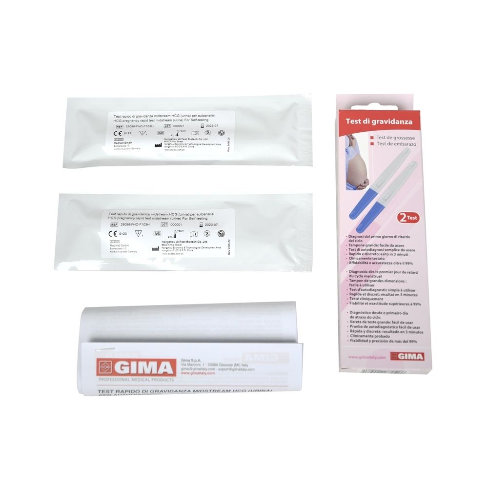 Confezione con due test di gravidanza, due confezioni di test e un manuale.