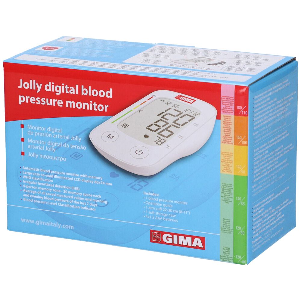 Confezione per misuratore di pressione digitale. Scritta 'Jolly digital blood pressure monitor'. Logo GIMA.