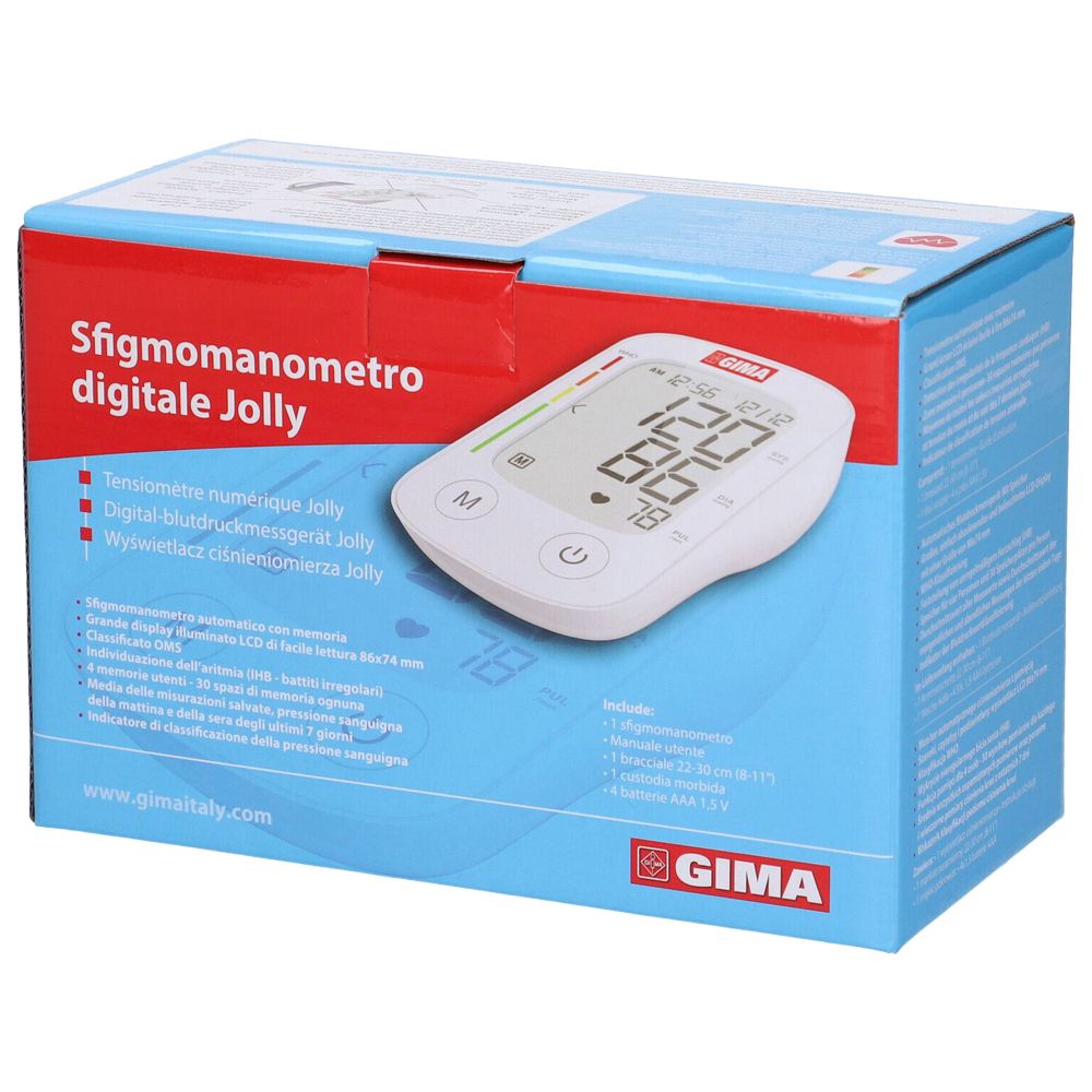 Confezione per misuratore di pressione digitale. Scritta 'Sfigmomanometro digitale Jolly'. Logo GIMA.