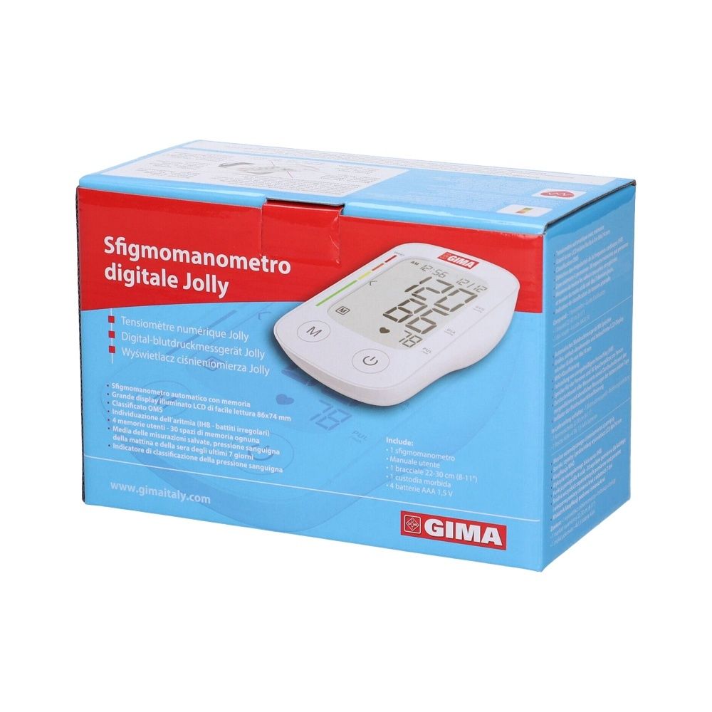 Confezione del misuratore pressione digitale. Scatola blu con immagine e testo del prodotto. Marchio GIMA.