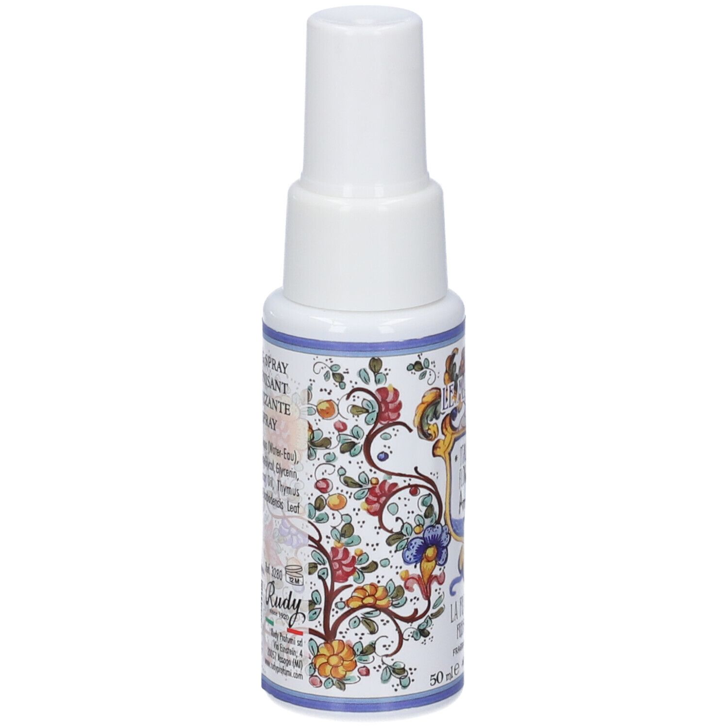 Flacone spray Rudy Profumi, retro con design floreale e testo.