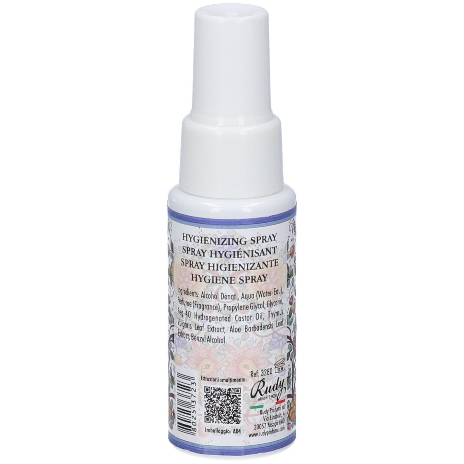Flacone spray Rudy Profumi, retro con ingredienti e codice a barre.