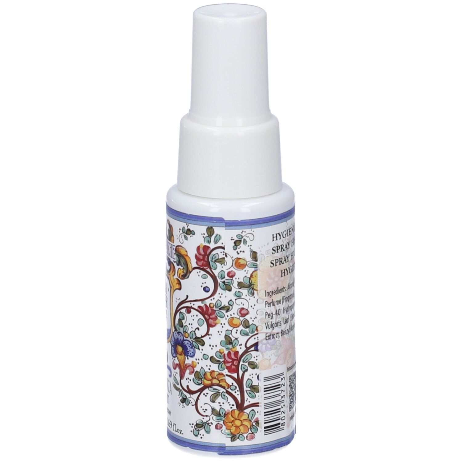 Flacone spray Rudy Profumi, retro con design floreale e testo.