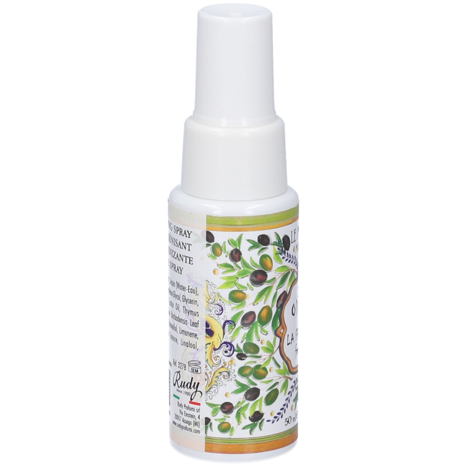 Flacone spray bianco con motivo di olive e elenco dettagliato degli ingredienti sul retro.